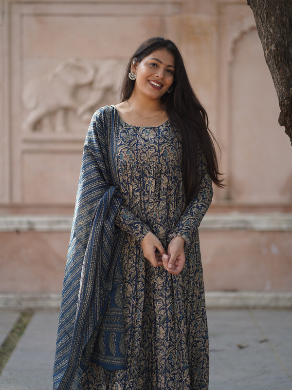 Blue kalamkari anarkali suit set