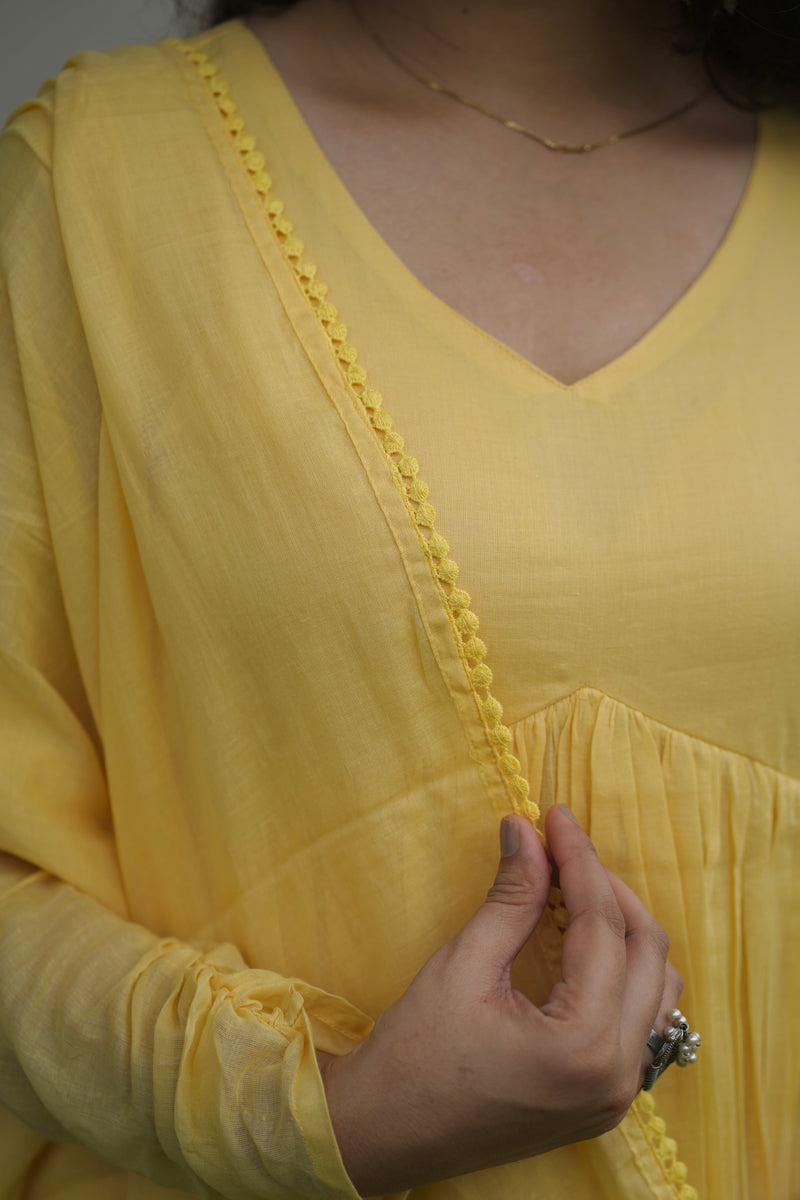 Butter yellow mul cotton flair suit set Jonaya