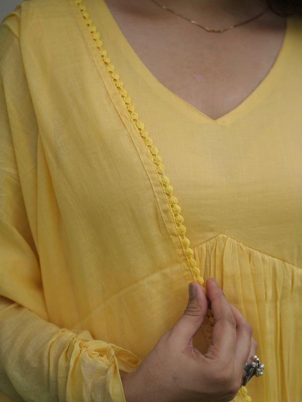 Butter Yellow Mul Cotton Flare Suit Set - Jonaya