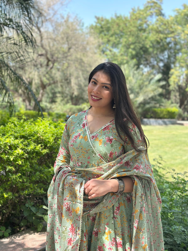 Pista Green Angrakha Gota Lace Anarkali Suit Set - Jonaya