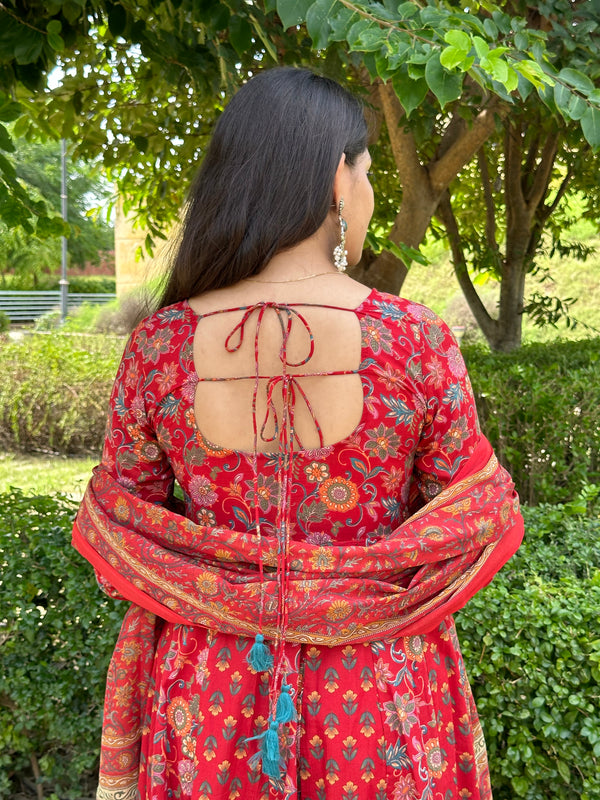 Floral Booti Red Anarkali Suit Set - Jonaya