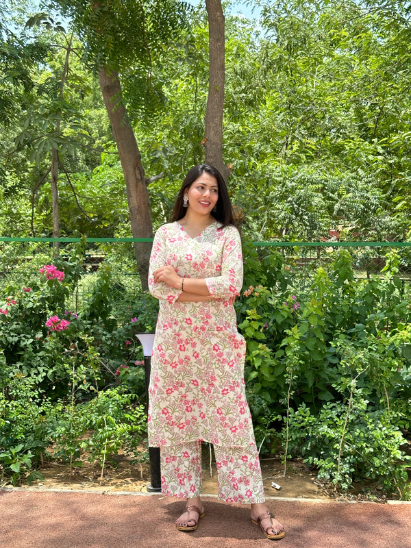 White Pink Lily Straight Suit Set - Jonaya