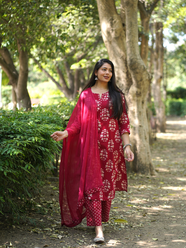 Red Block Floral Straight Suit Set - Jonaya