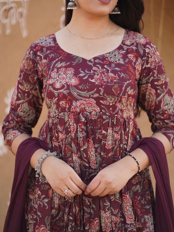 Grey Wine Rose Flare Suit Set - Jonaya