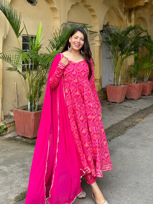 Pink Bandhani Anarkali Suit Set - Jonaya