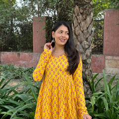 Yellow Pink motif Anarkali kameez - Jonaya