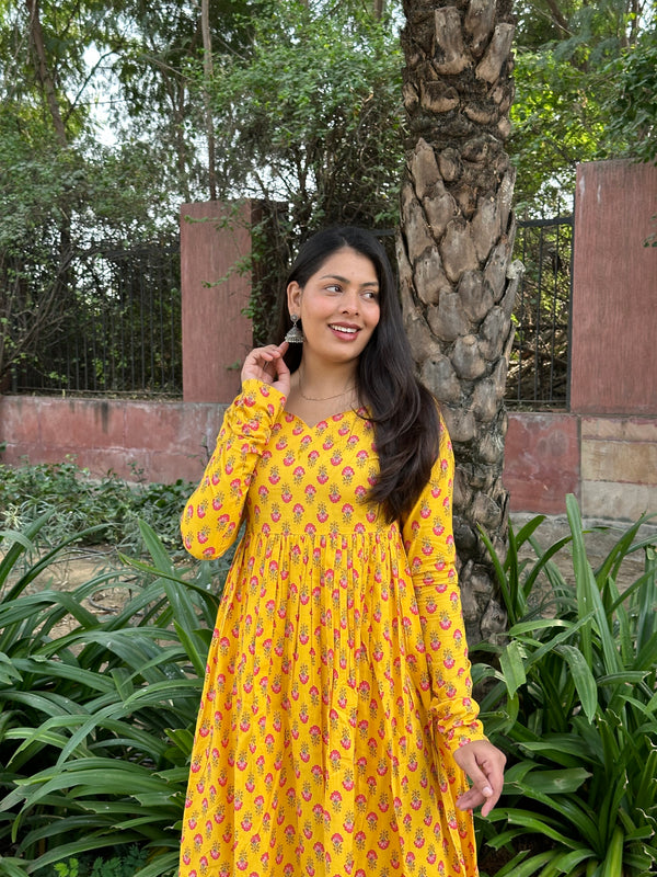 Yellow Pink Motif Anarkali Kameez - Jonaya