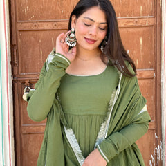 Pure Mul Cotton Mehndi suit set - Jonaya