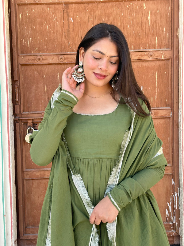 Pure Mul Cotton Mehndi Festive Flare Suit Set - Jonaya