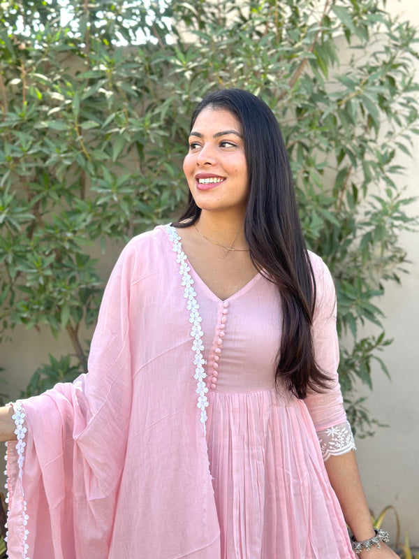 Baby Pink Mul Cotton Flare Suit Set - Jonaya