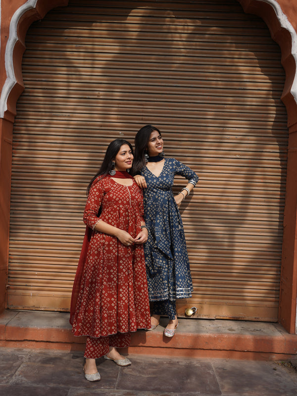 Blue Bhandej Anarkali Suit Set - Jonaya