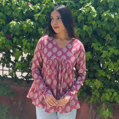 Pink block floral full sleeves Peplum top - Jonaya