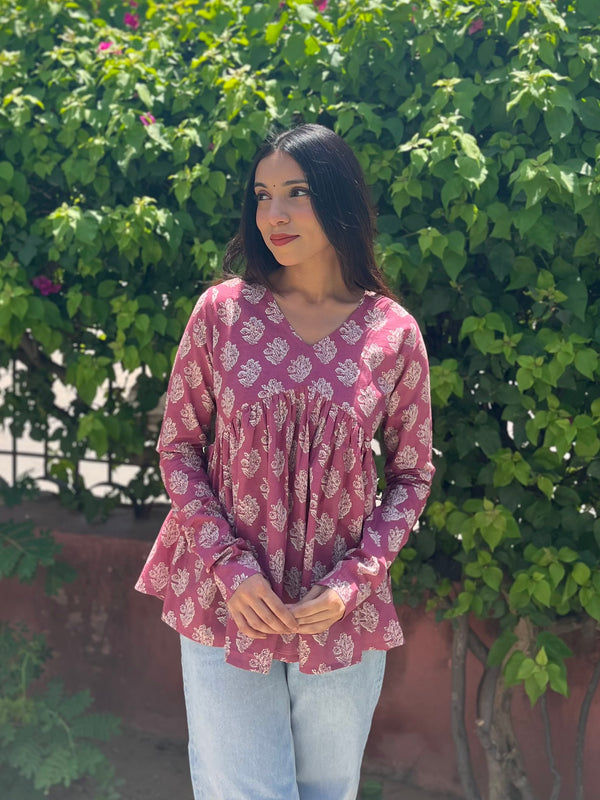 Pink Block Floral Full Sleeves Peplum Top - Jonaya