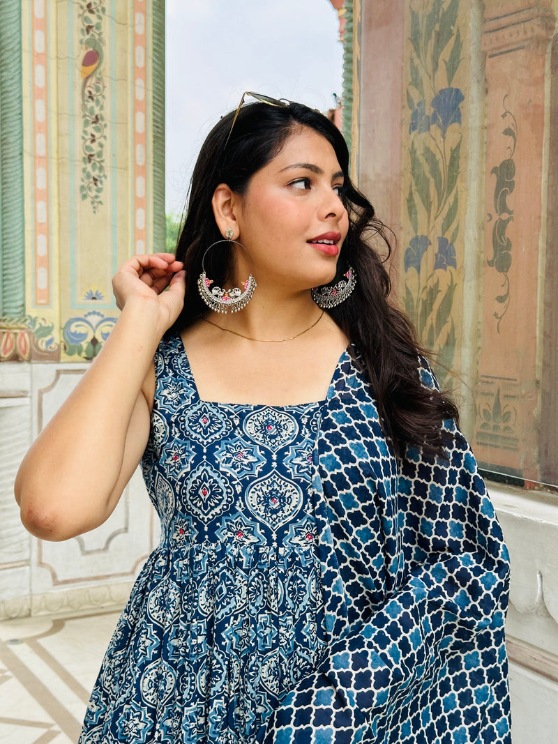 Indigo Ajrakh gher suit set - Jonaya