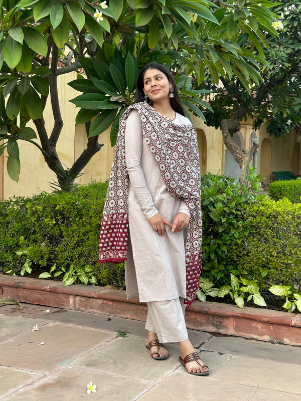 Grey maroon cotton Straight Suit Set - Jonaya