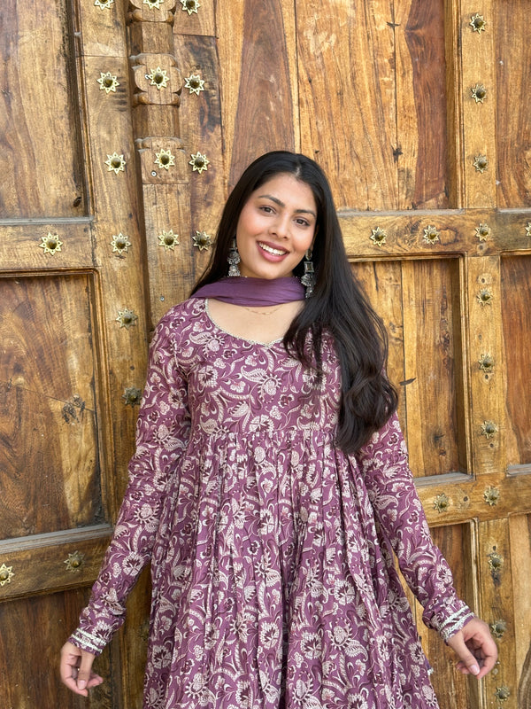 Purple Paisley Cotton Flare Suit Set - Jonaya