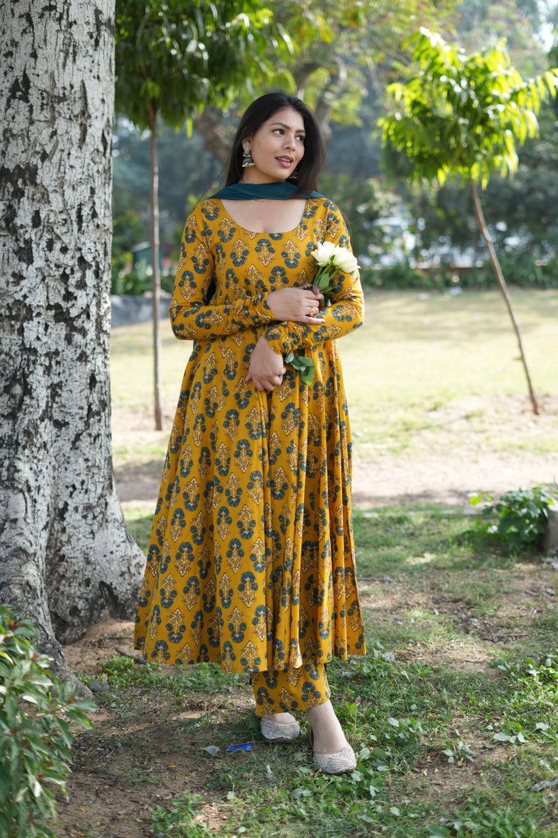 Gulmohar Mustard Anarkali suit set Jonaya