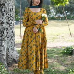 Gulmohar Mustard Anarkali suit set Jonaya