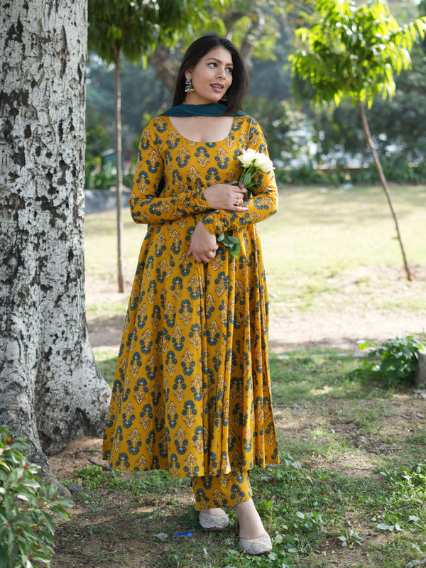 Gulmohar Mustard Anarkali suit set Jonaya