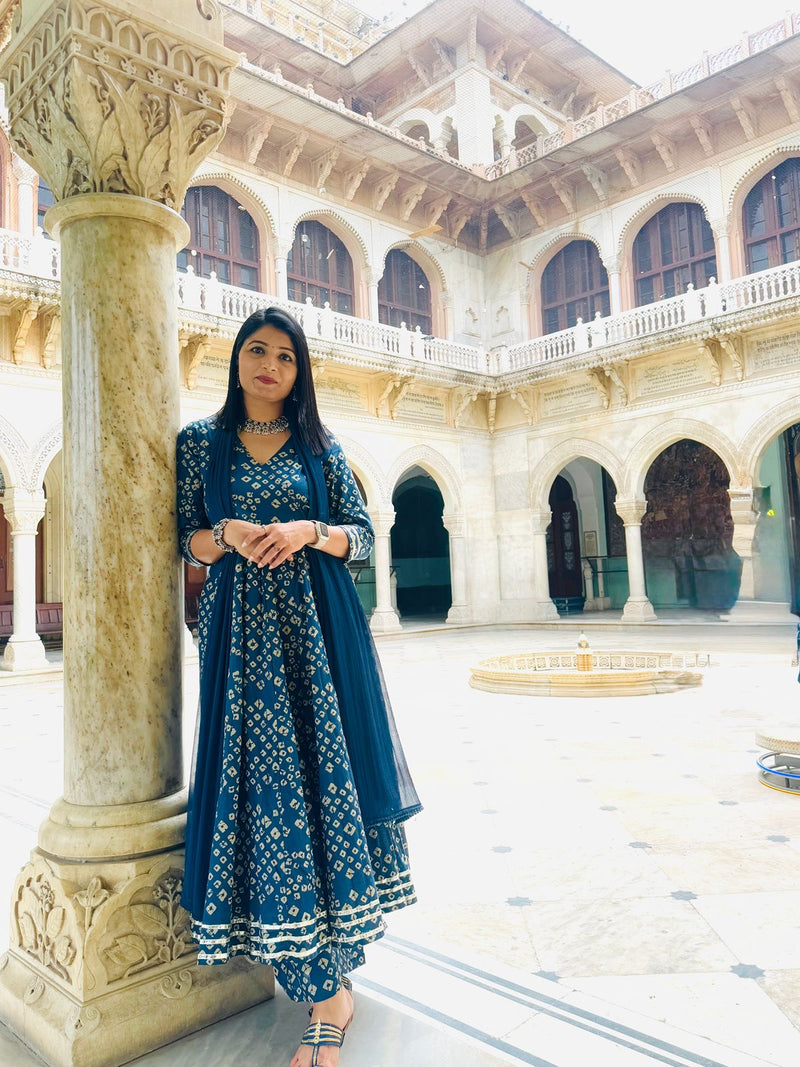 Blue Bhandej Anarkali Suit Set Jonaya