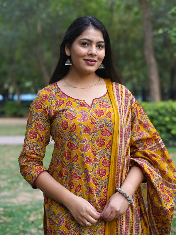 Yellow Red Floral Straight Suit Set - Jonaya