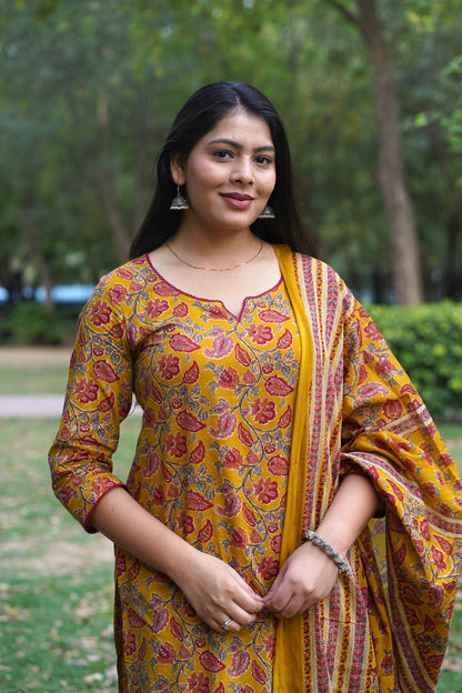 Yellow Red Floral Straight Suit Set