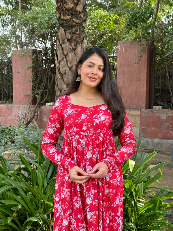 Red White Floral Anarkali Kameez - Jonaya