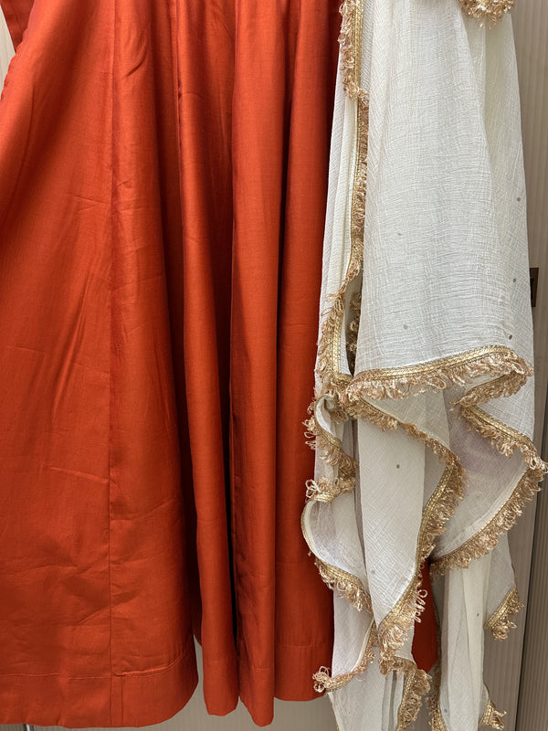 Rust Orange Hand embroidered Lux Anarkali - Jonaya