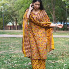 Yellow Red Floral Straight Suit Set - Jonaya