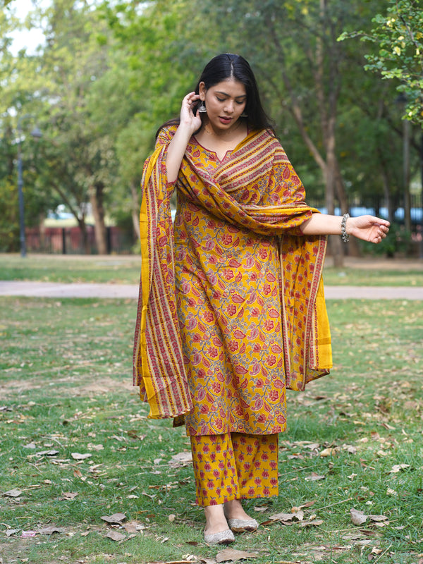 Yellow Red Floral Straight Suit Set - Jonaya