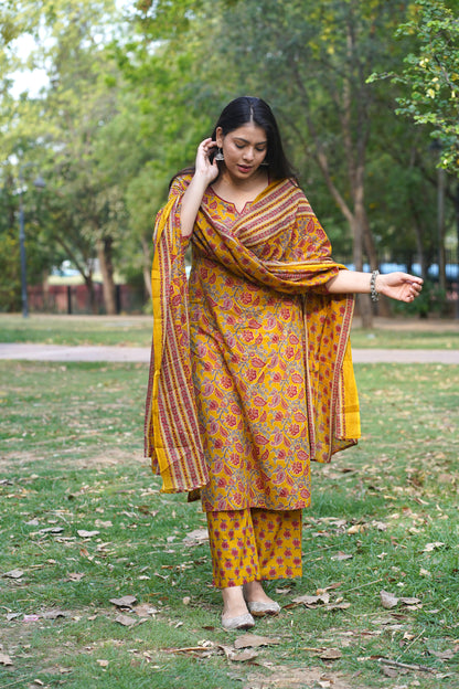 Yellow Red Floral Straight Suit Set