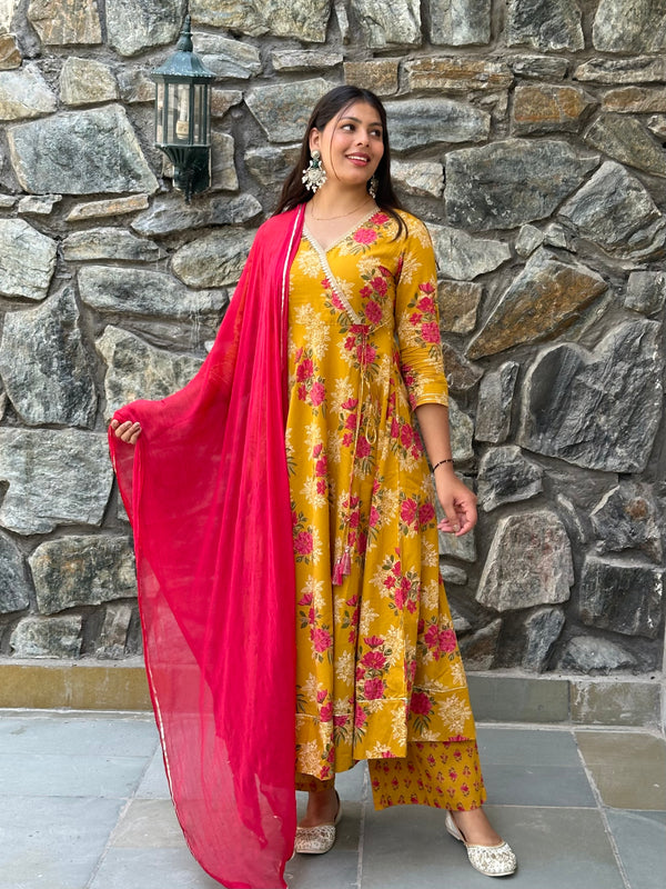 Yellow Pink Festive Anarkali Suit Set - Jonaya