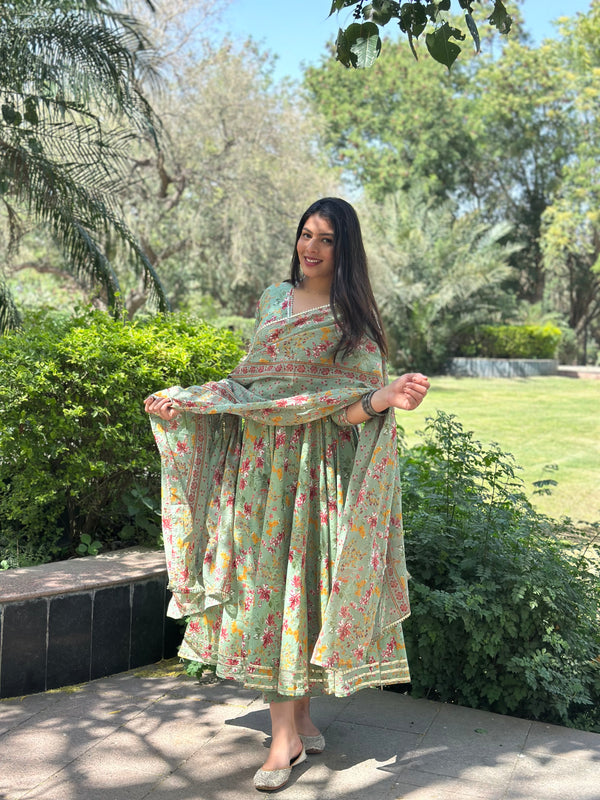 Pista Green Angrakha Gota Lace Anarkali Suit Set - Jonaya