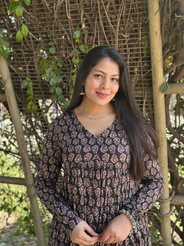 Black Purple High Slit Flared Kameez - Jonaya