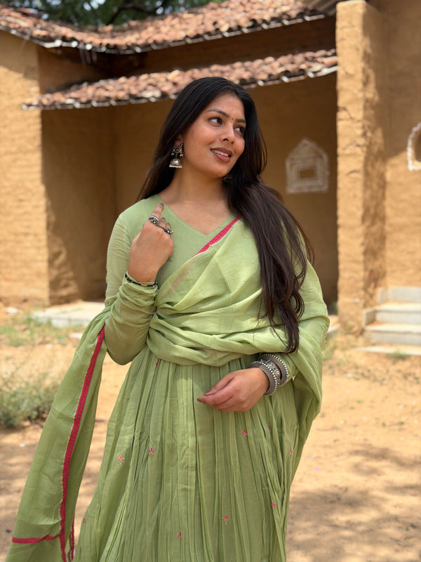 Sage Green Pink Embroidery Anarkali