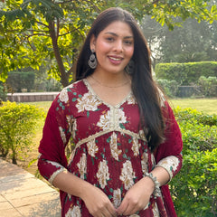 Maroon beige bliss cotton suit set - Jonaya