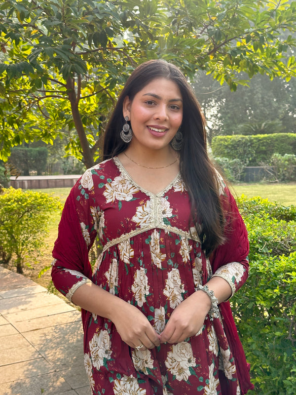 Maroon Beige Bliss Cotton Flare Suit Set - Jonaya