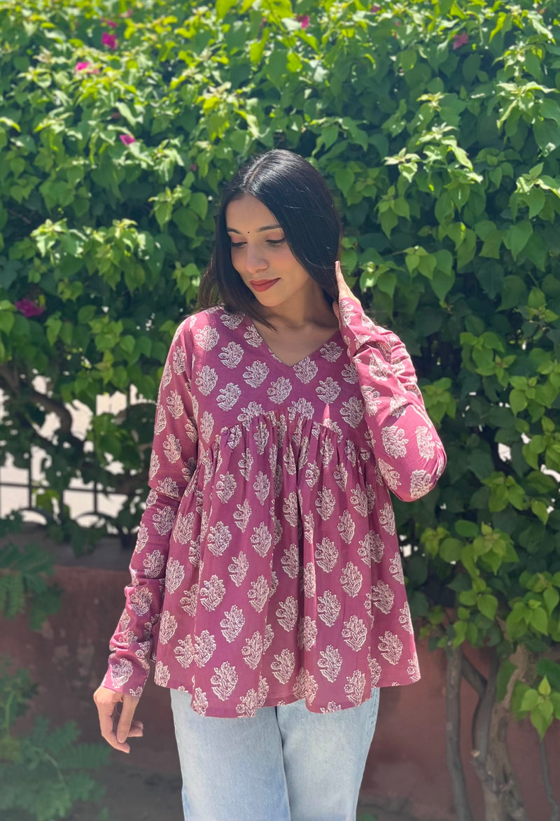 Pink block floral full sleeves Peplum top - Jonaya