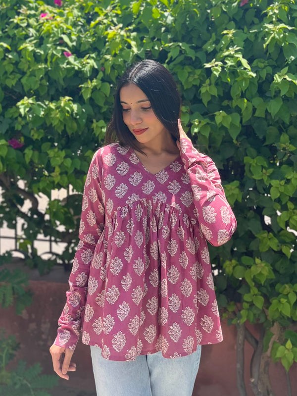 Pink Block Floral Full Sleeves Peplum Top - Jonaya