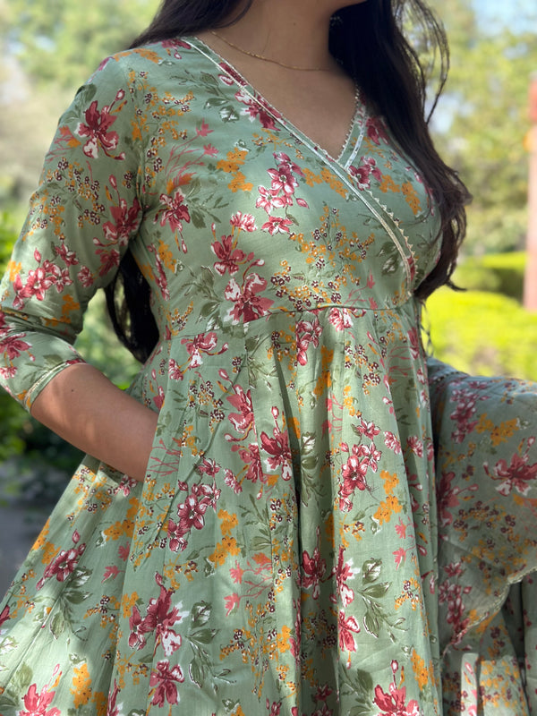 Pista Green Angrakha Gota Lace Anarkali Suit Set - Jonaya