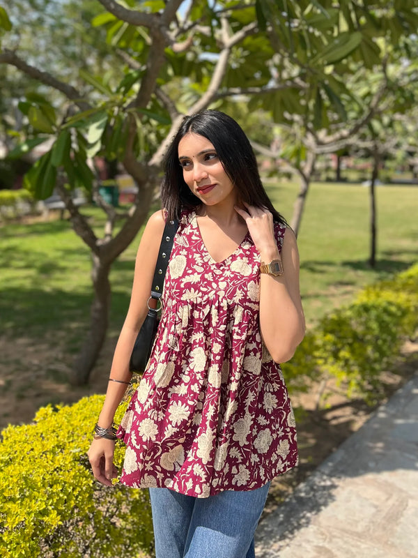 Floral wine peplum top - Jonaya