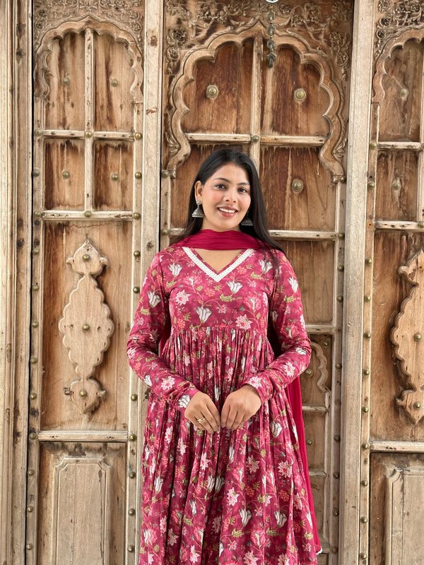 Rosewood Anarkali Lace Flare Suit Set - Jonaya