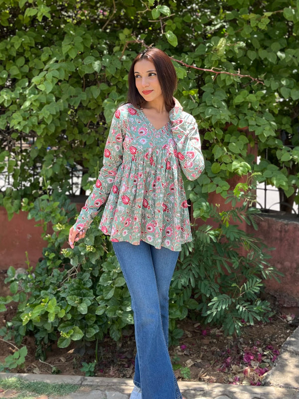 Soft Rose Green Full Sleeves Peplum Top - Jonaya
