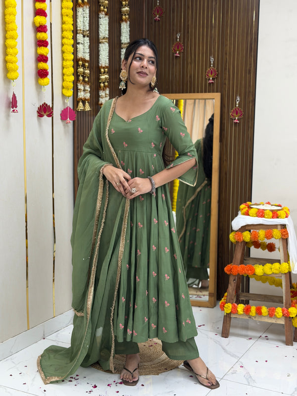 Pista Gulab Embroidery festive Anarkali set Jonaya