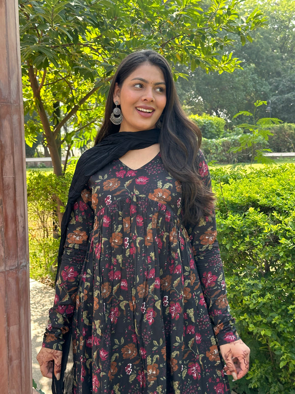 Black Floral Aliacut Suit Set - Jonaya