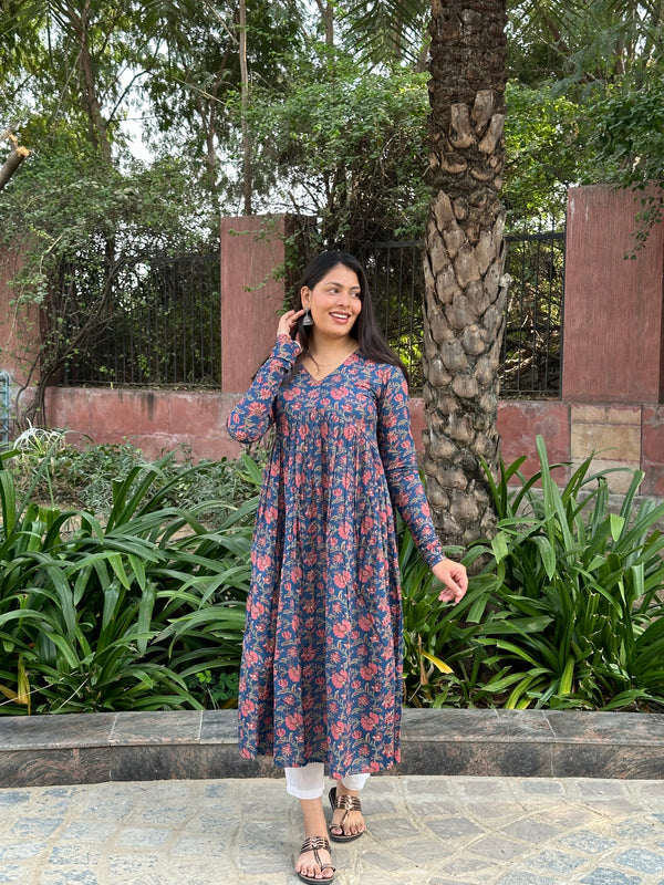 Deep Blue High Slit Flared Kameez - Jonaya