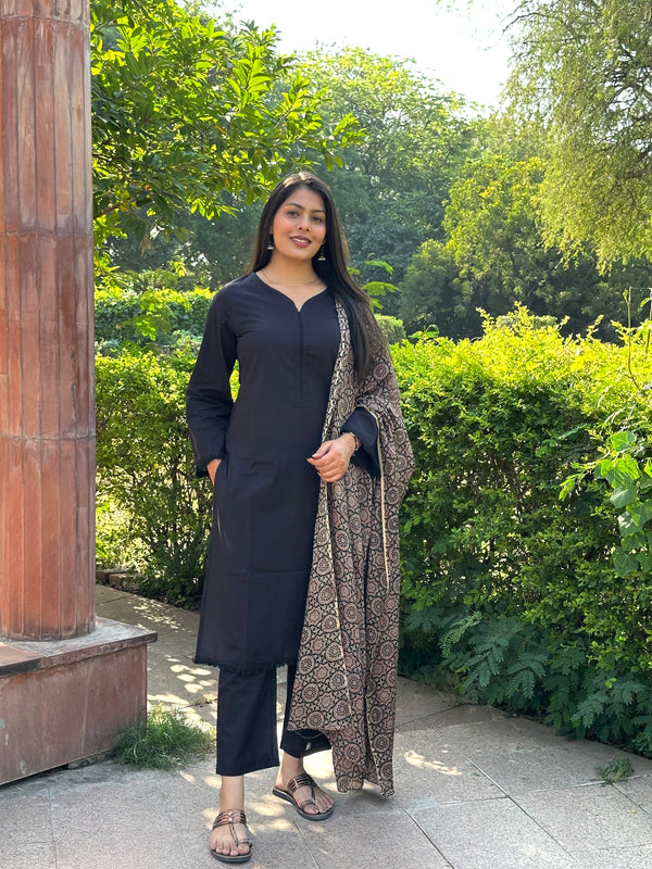 Black Office Solid Ajrakh Straight Suit Set - Jonaya