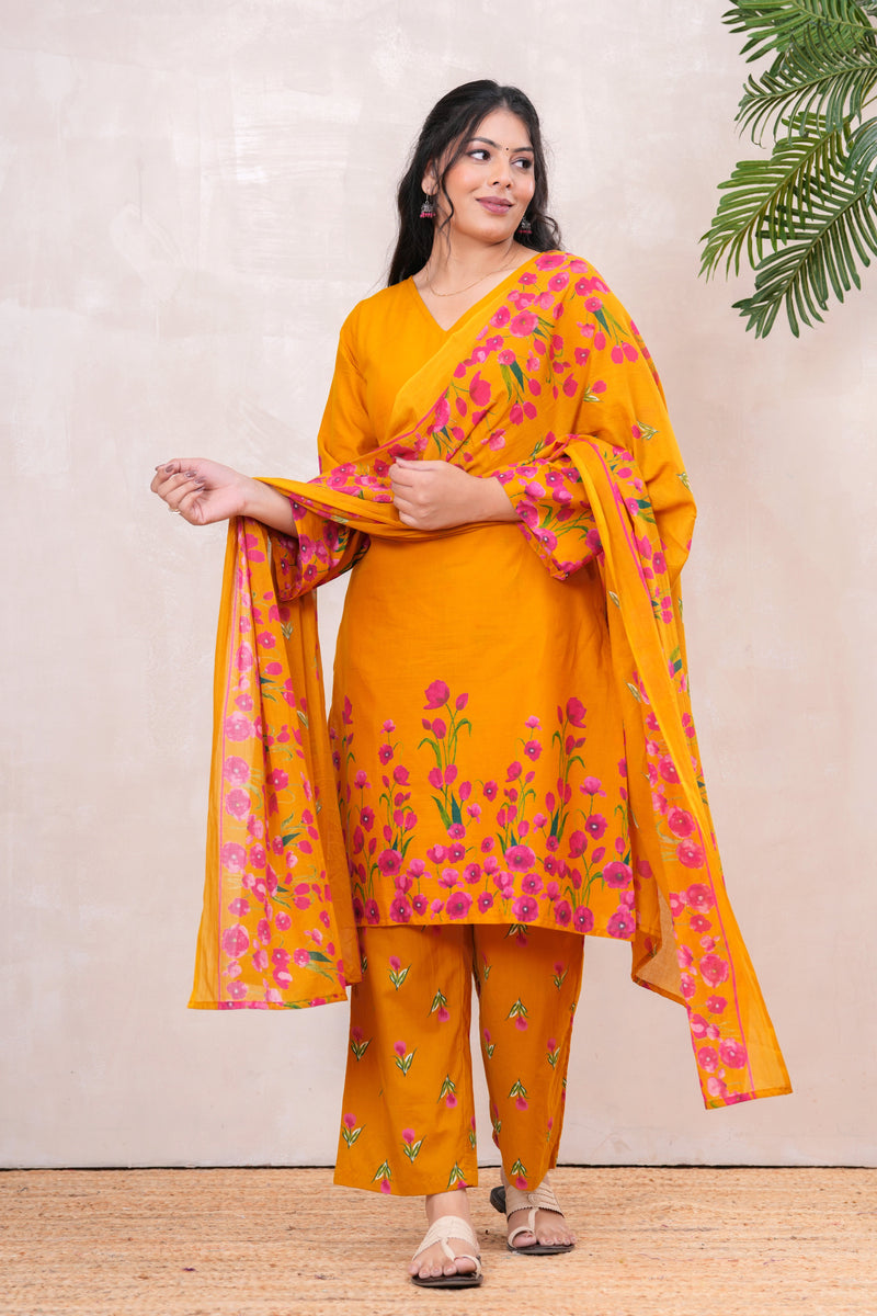 Pink yellow floral straight kurta set Jonaya