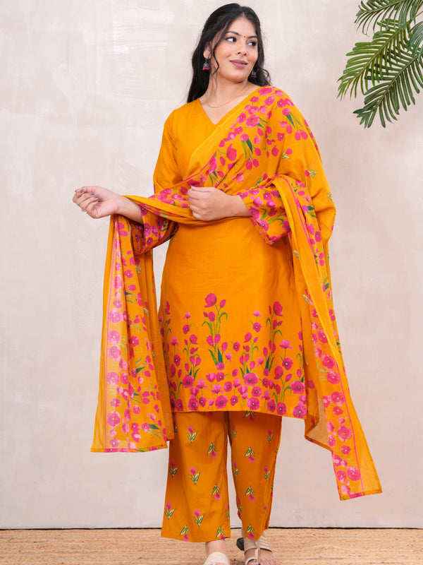 Pink Yellow Floral Straight Kurta Set - Jonaya
