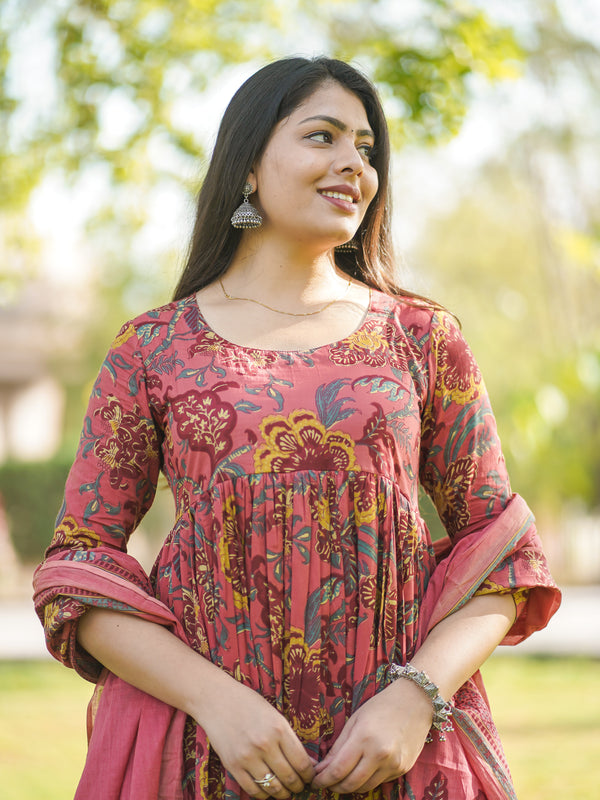 Peach Floral Flare Suit Set - Jonaya